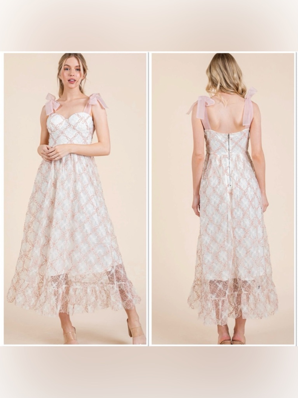 Love Pink and White Lace A-Line Midi Dress with Bow Straps